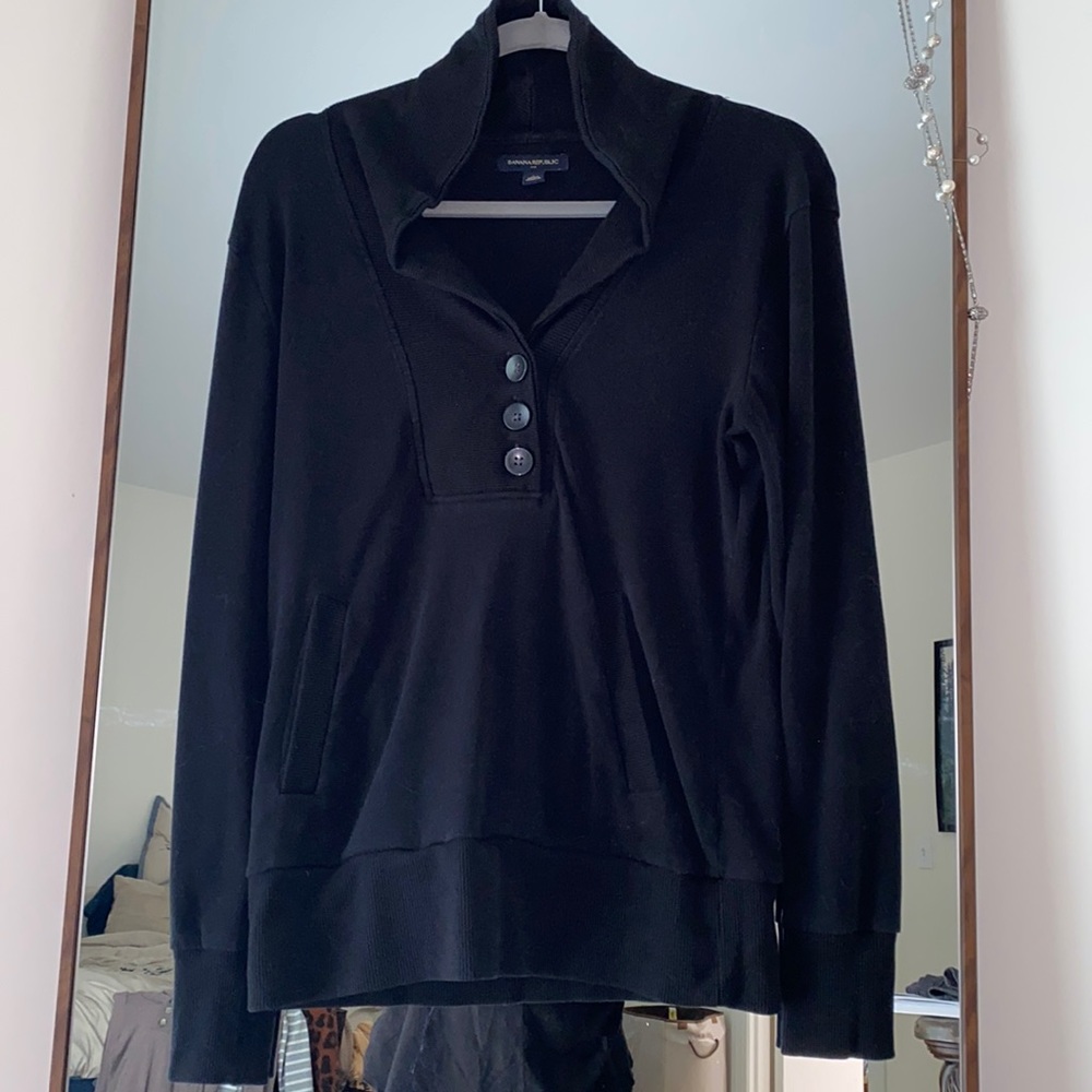 Black shawl collared sweater.